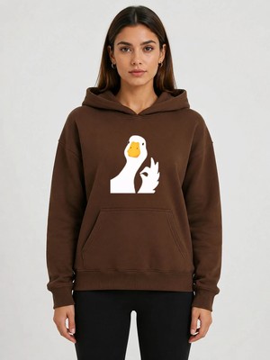 herkesemoda Ördek Baskılı Kapüşonlu 2 Iplik Şardonlu Sweatshirt
