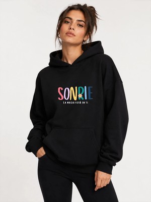 herkesemoda Sonrie Baskılı Kapüşonlu 2 Iplik Şardonlu Sweatshirt