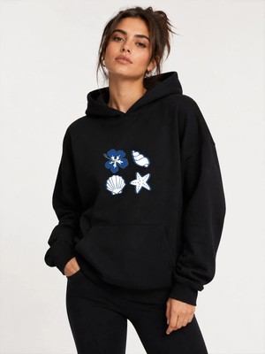 herkesemoda Deniz Kabukları Baskılı Kapüşonlu 2 Iplik Şardonlu Sweatshirt