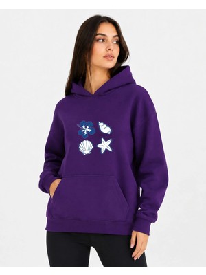 herkesemoda Deniz Kabukları Baskılı Kapüşonlu 2 Iplik Şardonlu Sweatshirt