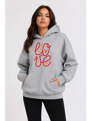herkesemoda Love Yazı Baskılı Kapüşonlu 2 Iplik Şardonlu Sweatshirt