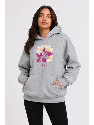 herkesemoda Joy Çiçek Baskılı Kapüşonlu 2 Iplik Şardonlu Sweatshirt