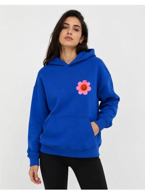herkesemoda Emoji Çiçek Baskılı Kapüşonlu 2 Iplik Şardonlu Sweatshirt