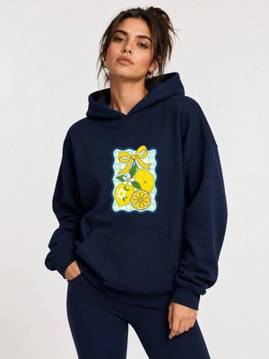 herkesemoda Limon Baskılı Kapüşonlu 2 Iplik Şardonlu Sweatshirt