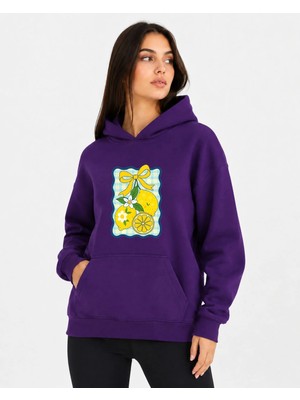 herkesemoda Limon Baskılı Kapüşonlu 2 Iplik Şardonlu Sweatshirt