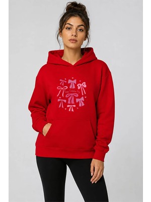 herkesemoda Minik Kurdeleler Baskılı Kapüşonlu 2 Iplik Şardonlu Sweatshirt