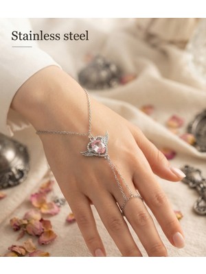 Stainless Steel Gümüş Renk Zincir Gül Pembe Kalp Kanat Motif Çelik Şahmeran