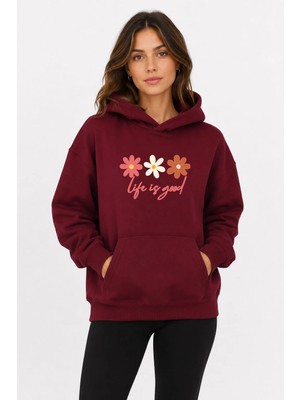 herkesemoda Çiçek Baskılı Kapüşonlu 2 Iplik Şardonlu Sweatshirt