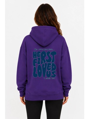 herkesemoda First Love Arka Baskılı Kapüşonlu 2 Iplik Şardonlu Sweatshirt
