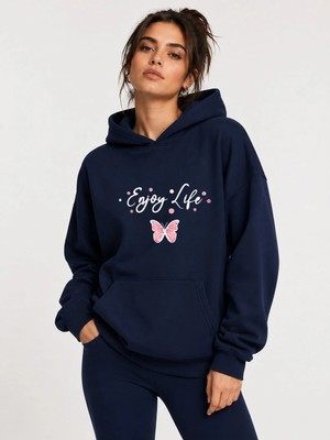 herkesemoda Enjoy Life Baskılı Kapüşonlu 2 Iplik Şardonlu Sweatshirt