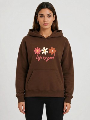 herkesemoda Çiçek Baskılı Kapüşonlu 2 Iplik Şardonlu Sweatshirt