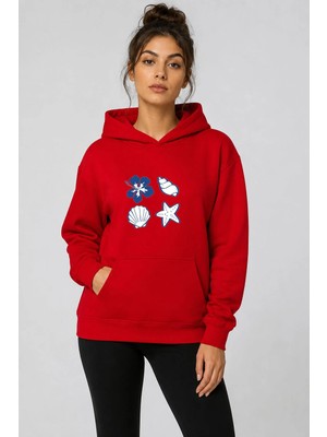 herkesemoda Deniz Kabukları Baskılı Kapüşonlu 2 Iplik Şardonlu Sweatshirt