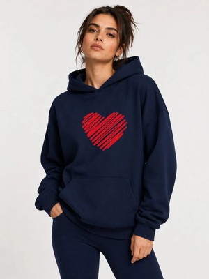 herkesemoda Kırmızı Kalp Baskılı Kapüşonlu 2 Iplik Şardonlu Sweatshirt