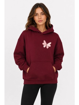 herkesemoda Kelebek Baskılı Kapüşonlu 2 Iplik Şardonlu Sweatshirt