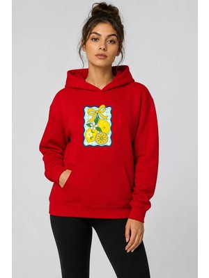 herkesemoda Limon Baskılı Kapüşonlu 2 Iplik Şardonlu Sweatshirt