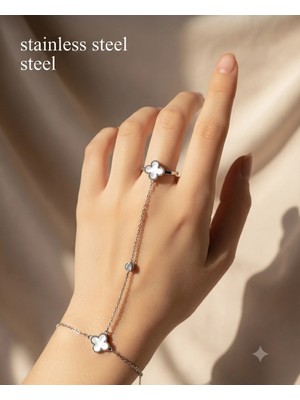 Stainless Steel Gümüş Renk Yüzüklü Beyaz Yonca Taş Motifli Çelik Şahmeran