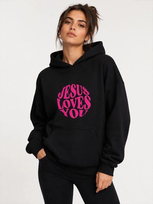 herkesemoda Jesus Love Baskılı Kapüşonlu 2 Iplik Şardonlu Sweatshirt