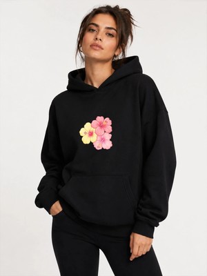herkesemoda Çiçek Baskılı Kapüşonlu 2 Iplik Şardonlu Sweatshirt