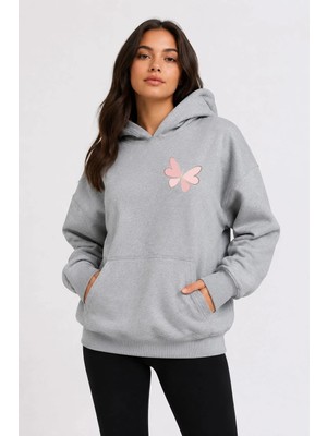 herkesemoda Kelebek Baskılı Kapüşonlu 2 Iplik Şardonlu Sweatshirt