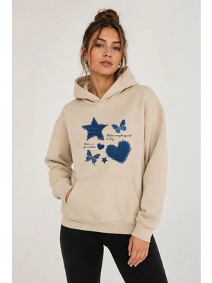 herkesemoda Kot Efektli Baskılı Kapüşonlu 2 Iplik Şardonlu Sweatshirt