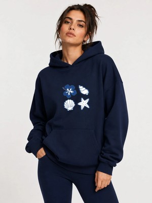 herkesemoda Deniz Kabukları Baskılı Kapüşonlu 2 Iplik Şardonlu Sweatshirt