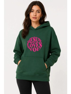 herkesemoda Jesus Love Baskılı Kapüşonlu 2 Iplik Şardonlu Sweatshirt