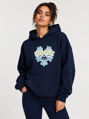 herkesemoda Kalp Çiçek Baskılı Kapüşonlu 2 Iplik Şardonlu Sweatshirt