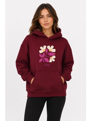 herkesemoda Joy Çiçek Baskılı Kapüşonlu 2 Iplik Şardonlu Sweatshirt