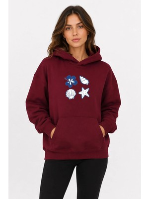 herkesemoda Deniz Kabukları Baskılı Kapüşonlu 2 Iplik Şardonlu Sweatshirt