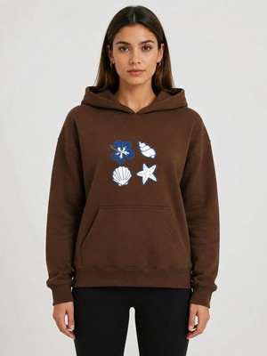 herkesemoda Deniz Kabukları Baskılı Kapüşonlu 2 Iplik Şardonlu Sweatshirt