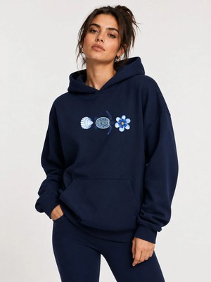 herkesemoda Deniz Temalı Kaplumbağa Baskılı Kapüşonlu 2 Iplik Şardonlu Sweatshirt