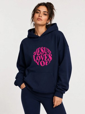 herkesemoda Jesus Love Baskılı Kapüşonlu 2 Iplik Şardonlu Sweatshirt