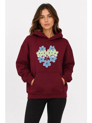 herkesemoda Kalp Çiçek Baskılı Kapüşonlu 2 Iplik Şardonlu Sweatshirt