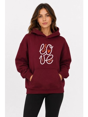 herkesemoda Love Yazı Baskılı Kapüşonlu 2 Iplik Şardonlu Sweatshirt