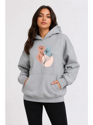 herkesemoda Çiçek Baskılı Kapüşonlu 2 Iplik Şardonlu Sweatshirt