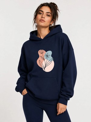 herkesemoda Çiçek Baskılı Kapüşonlu 2 Iplik Şardonlu Sweatshirt