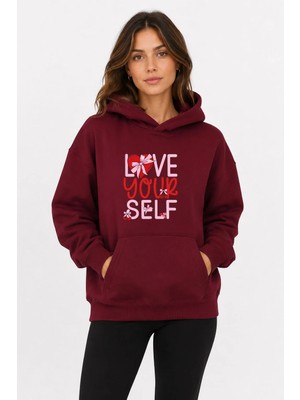 herkesemoda Love Your Self Baskılı Kapüşonlu 2 Iplik Şardonlu Sweatshirt