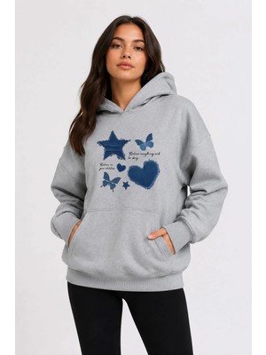 herkesemoda Kot Efektli Baskılı Kapüşonlu 2 Iplik Şardonlu Sweatshirt