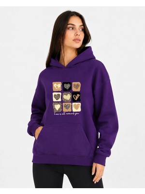 herkesemoda Küçük Leopar Kalpler Baskılı Kapüşonlu 2 Iplik Şardonlu Sweatshirt