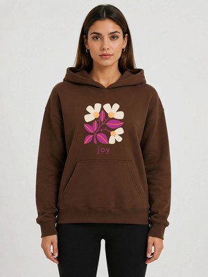 herkesemoda Joy Çiçek Baskılı Kapüşonlu 2 Iplik Şardonlu Sweatshirt