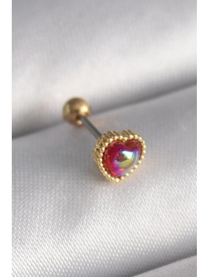 Uslucan Alışveriş 316L Çelik Gold Renk Kırmızı Mineli Kalp Tragus Piercing - TJ-PR1266