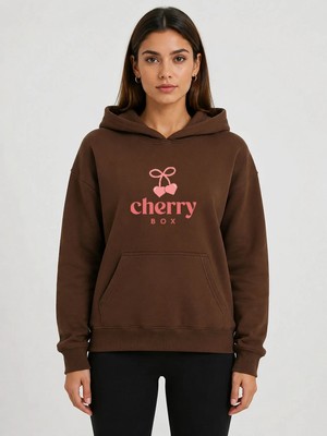 herkesemoda Cherry Baskılı Kapüşonlu 2 Iplik Şardonlu Sweatshirt
