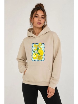 herkesemoda Limon Baskılı Kapüşonlu 2 Iplik Şardonlu Sweatshirt