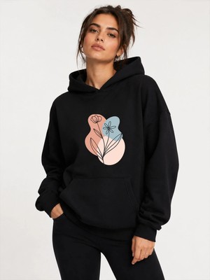 herkesemoda Çiçek Baskılı Kapüşonlu 2 Iplik Şardonlu Sweatshirt