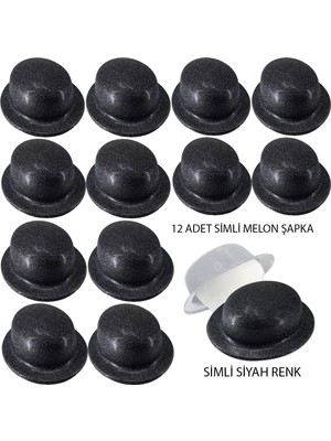 Renas Store Siyah Renk Simli Melon Yuvarlak Parti Şapkası 12 Adet