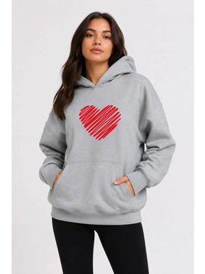 herkesemoda Kırmızı Kalp Baskılı Kapüşonlu 2 Iplik Şardonlu Sweatshirt