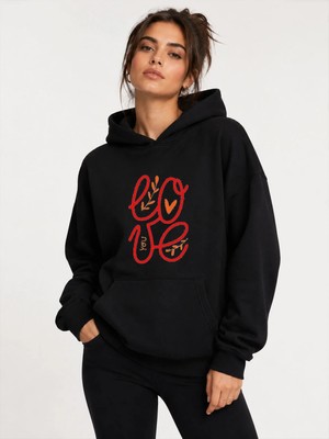 herkesemoda Love Yazı Baskılı Kapüşonlu 2 Iplik Şardonlu Sweatshirt
