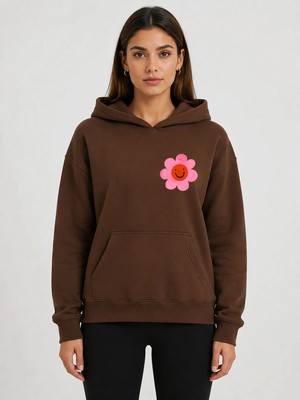 herkesemoda Emoji Çiçek Baskılı Kapüşonlu 2 Iplik Şardonlu Sweatshirt