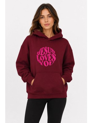 herkesemoda Jesus Love Baskılı Kapüşonlu 2 Iplik Şardonlu Sweatshirt