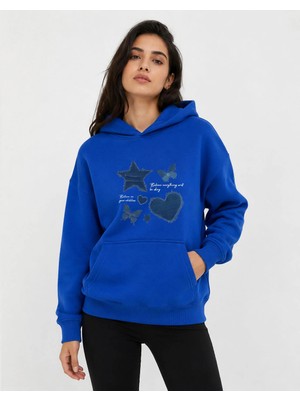 herkesemoda Kot Efektli Baskılı Kapüşonlu 2 Iplik Şardonlu Sweatshirt